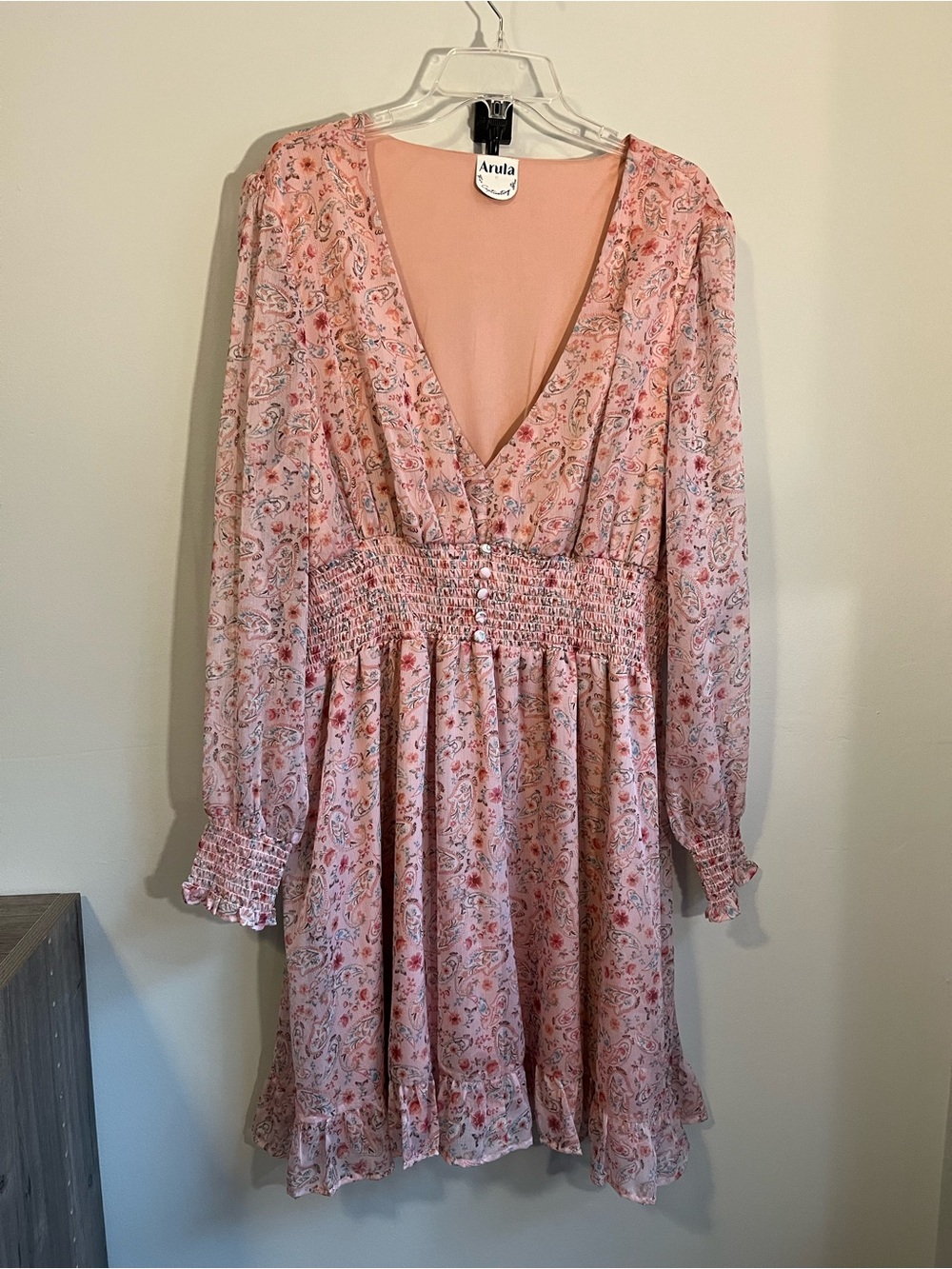 ARULA Pink Paisley Floral V-Neck Long Sleeve Dress with Ruffle Hem